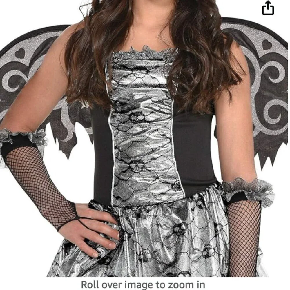 COSTUMES USA Black Silver Fallen Angel Dark Fairy Princess Wings Halo Dress XL